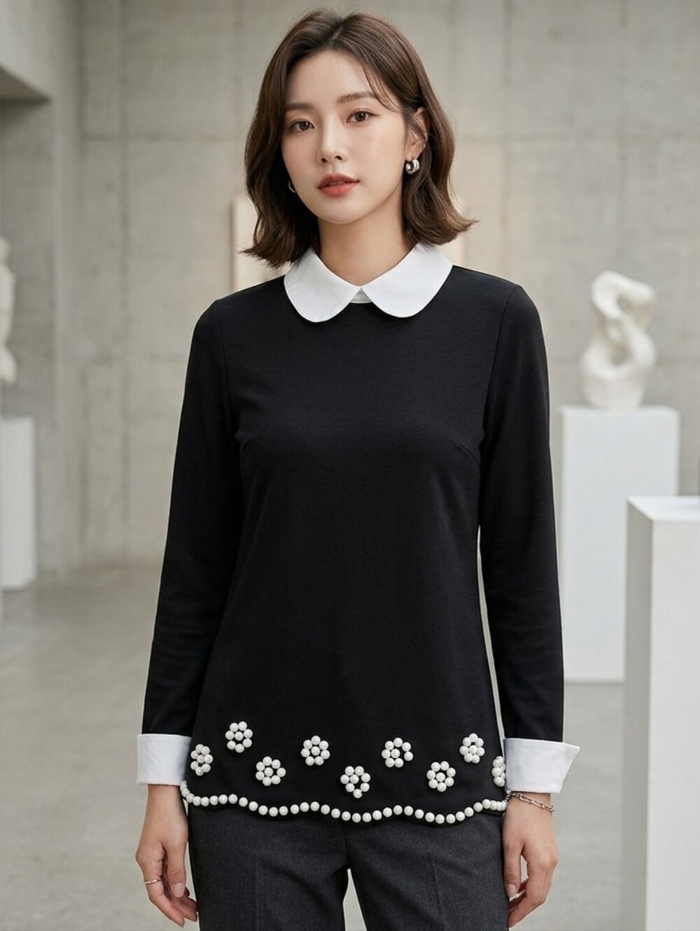 Chic Black Collared Top with Beaded Flower Detail